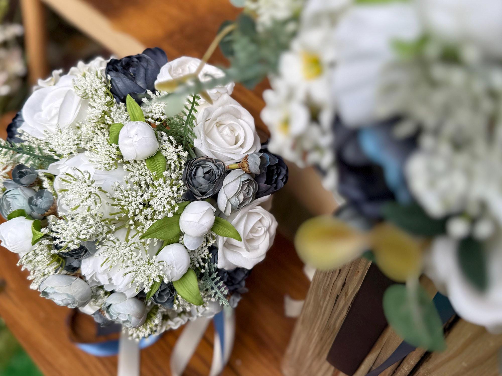 Vintage Blue Rose Bridal Bouquet, Navy Rose Peony Bridesmaid Bouquet, Retro Wedding Wildflower Boho Bouquet, Rustic Bridesmaid Bouquet