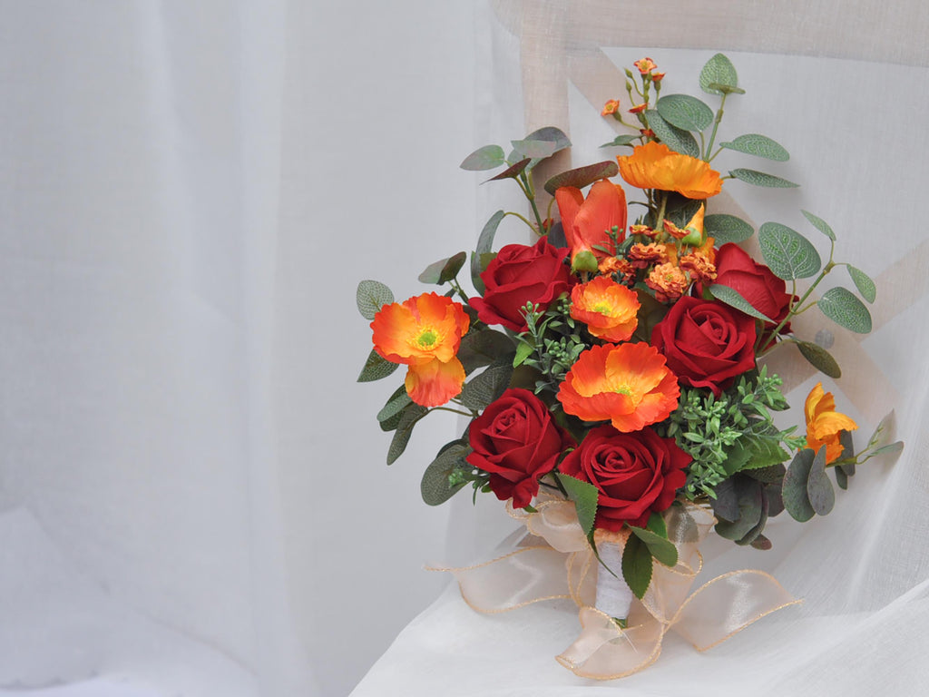 Fall Burgundy Red Wildflower Bouquet Collection - Boho Wildflower Bridal Bouquet, Foam Rose, Poppy, Peony, Eucalyptus, Berry, Dahlia