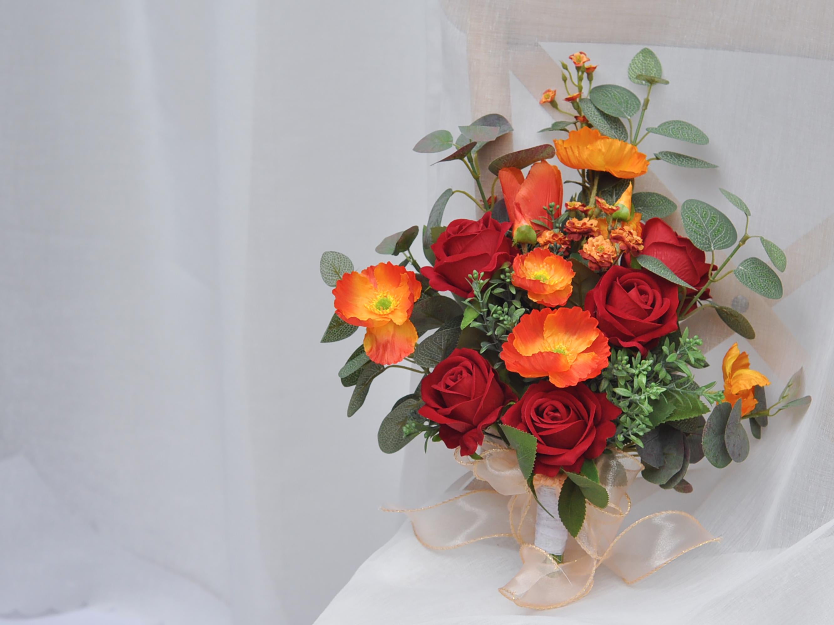 Fall Burgundy Red Wildflower Bouquet Collection - Boho Wildflower Bridal Bouquet, Foam Rose, Poppy, Peony, Eucalyptus, Berry, Dahlia