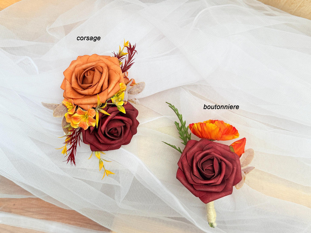 Fall Burgundy Red Wildflower Bouquet Collection - Boho Wildflower Bridal Bouquet, Foam Rose, Poppy, Peony, Eucalyptus, Berry, Dahlia