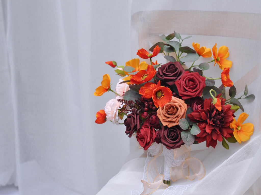 Fall Burgundy Red Wildflower Bouquet Collection - Boho Wildflower Bridal Bouquet, Foam Rose, Poppy, Peony, Eucalyptus, Berry, Dahlia