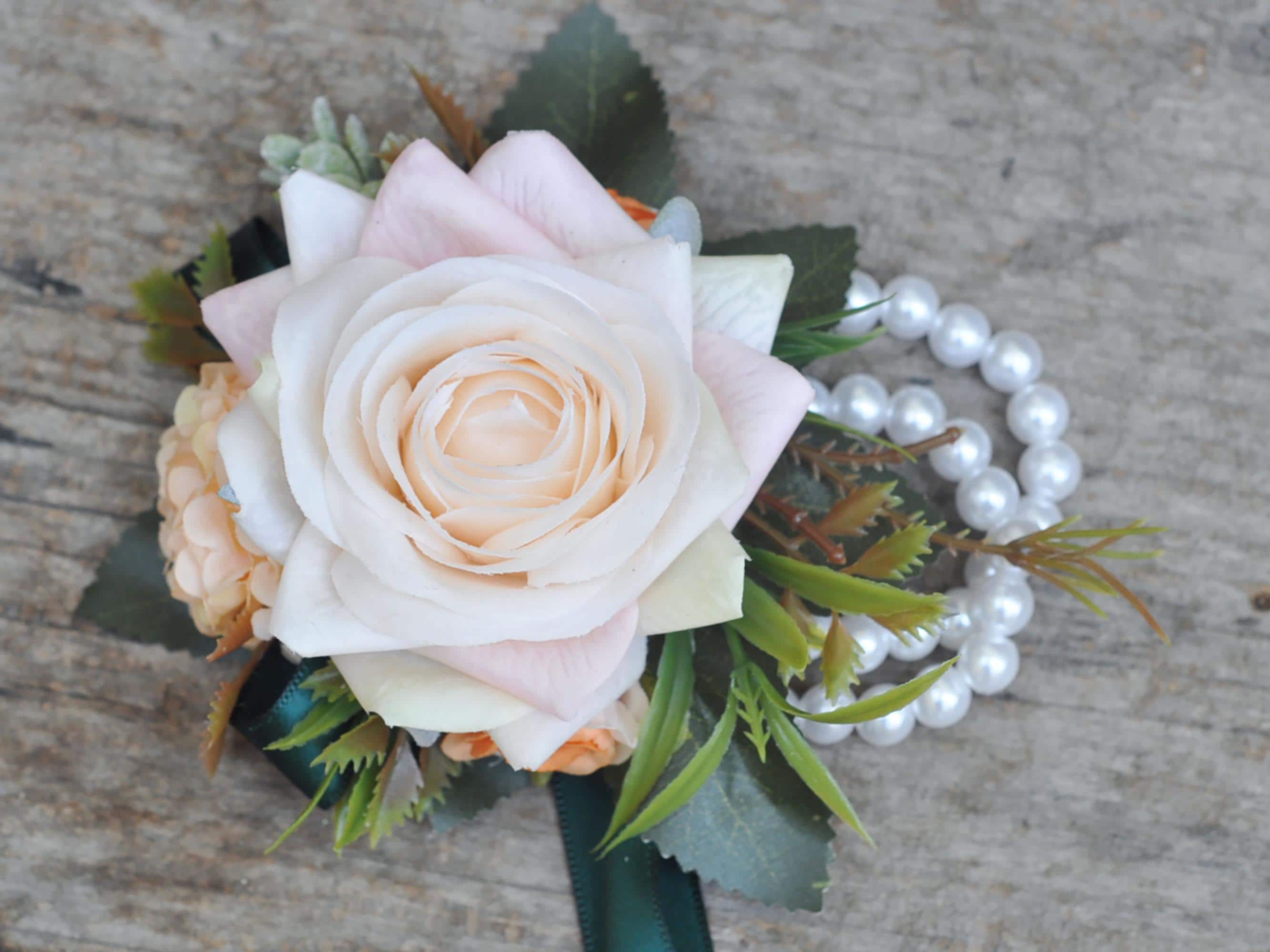 Real Touch Champagne Pink Rose Wrist Corsage, Real Touch Flower, Pearl Bracelet Corsage, Customized Ribbon for Wedding, Party, Anniversary
