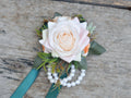 Real Touch Champagne Pink Rose Wrist Corsage, Real Touch Flower, Pearl Bracelet Corsage, Customized Ribbon for Wedding, Party, Anniversary