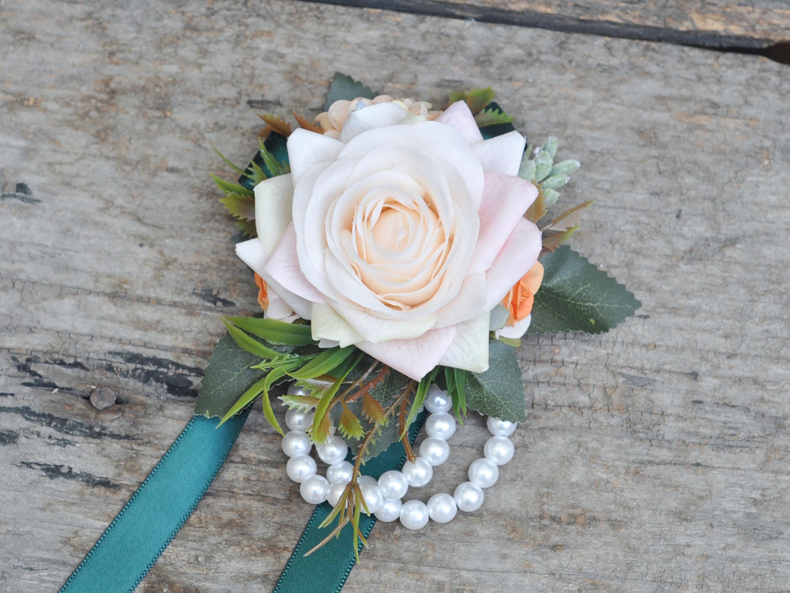 Real Touch Champagne Pink Rose Wrist Corsage, Real Touch Flower, Pearl Bracelet Corsage, Customized Ribbon for Wedding, Party, Anniversary
