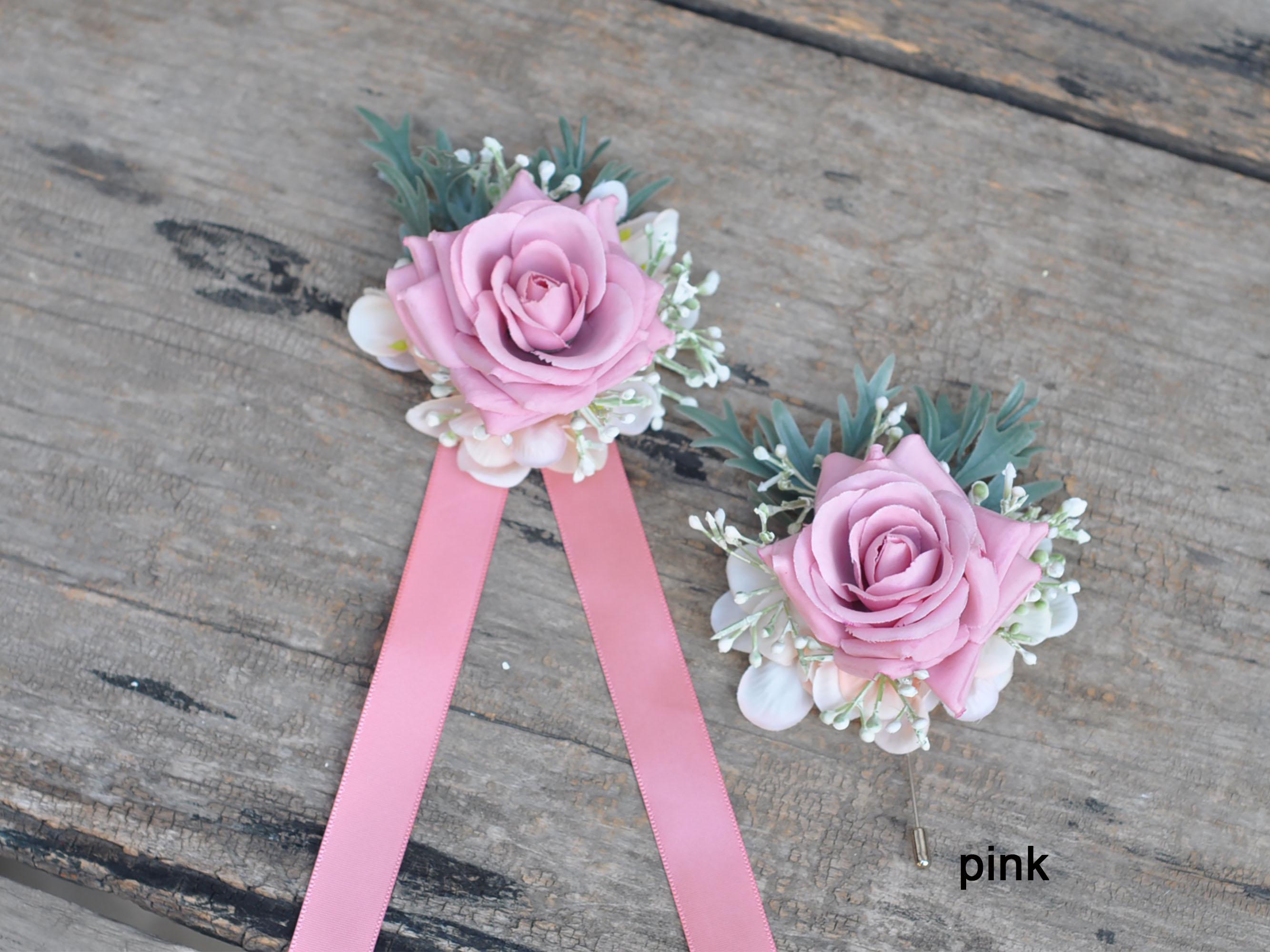 Multi-Color Rose Ribbon Corsage, Silk Blush White, Grey Blue Rose Flower Boutonniere Anniversary, Customized Ribbon Theme for Wedding, Party