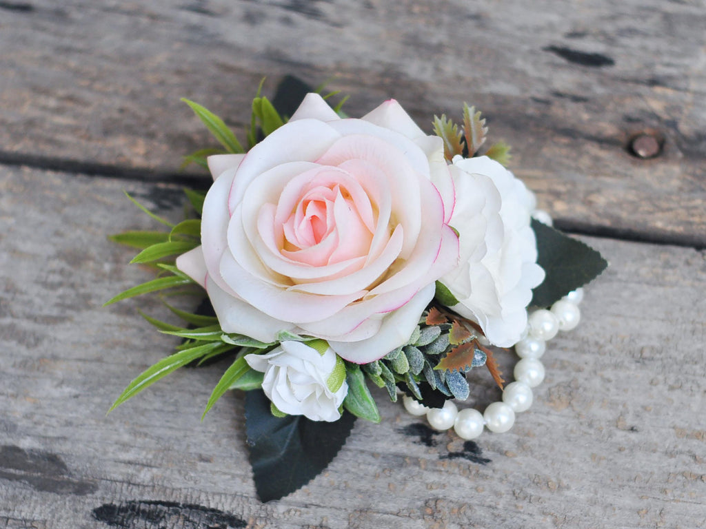 Rustic Real Touch Champagne Pink Rose Wrist Corsage, Real Touch Pearl Bracelet Mom, Boho Wedding Gift For Her, Anniversary Gift, Party Event