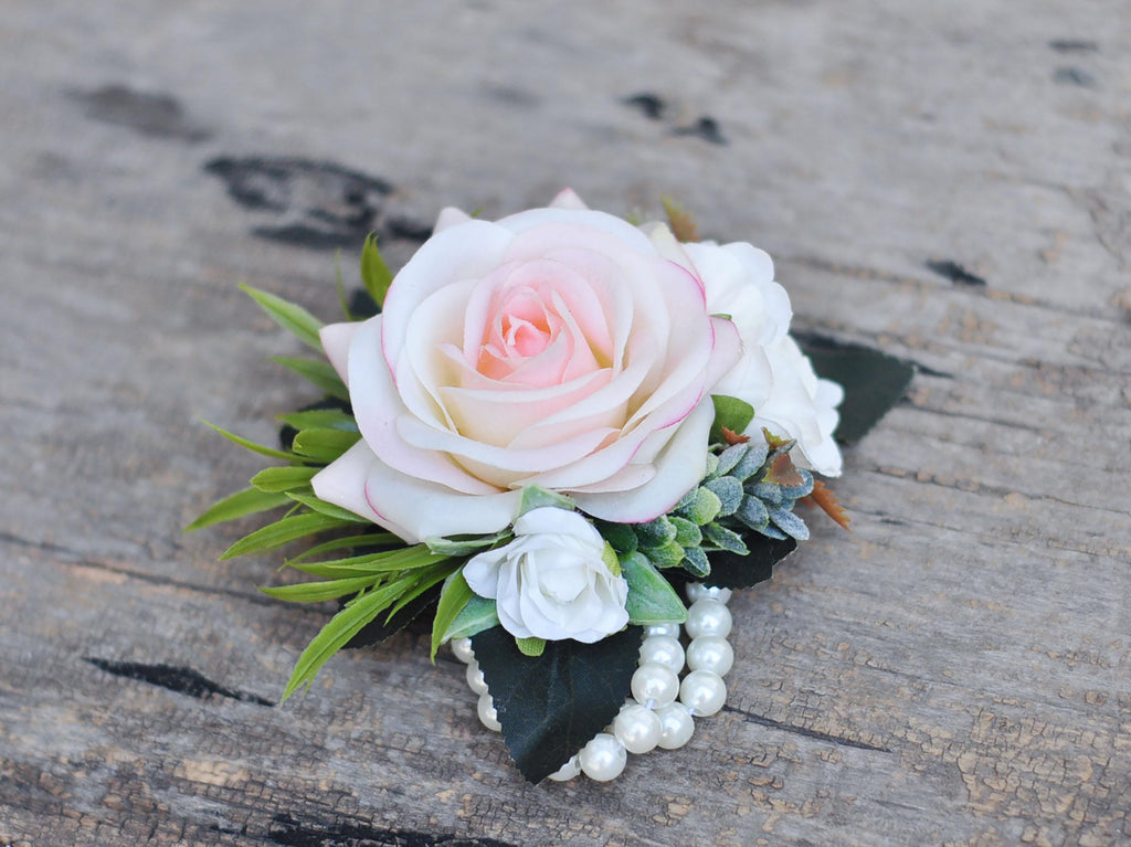 Rustic Real Touch Champagne Pink Rose Wrist Corsage, Real Touch Pearl Bracelet Mom, Boho Wedding Gift For Her, Anniversary Gift, Party Event