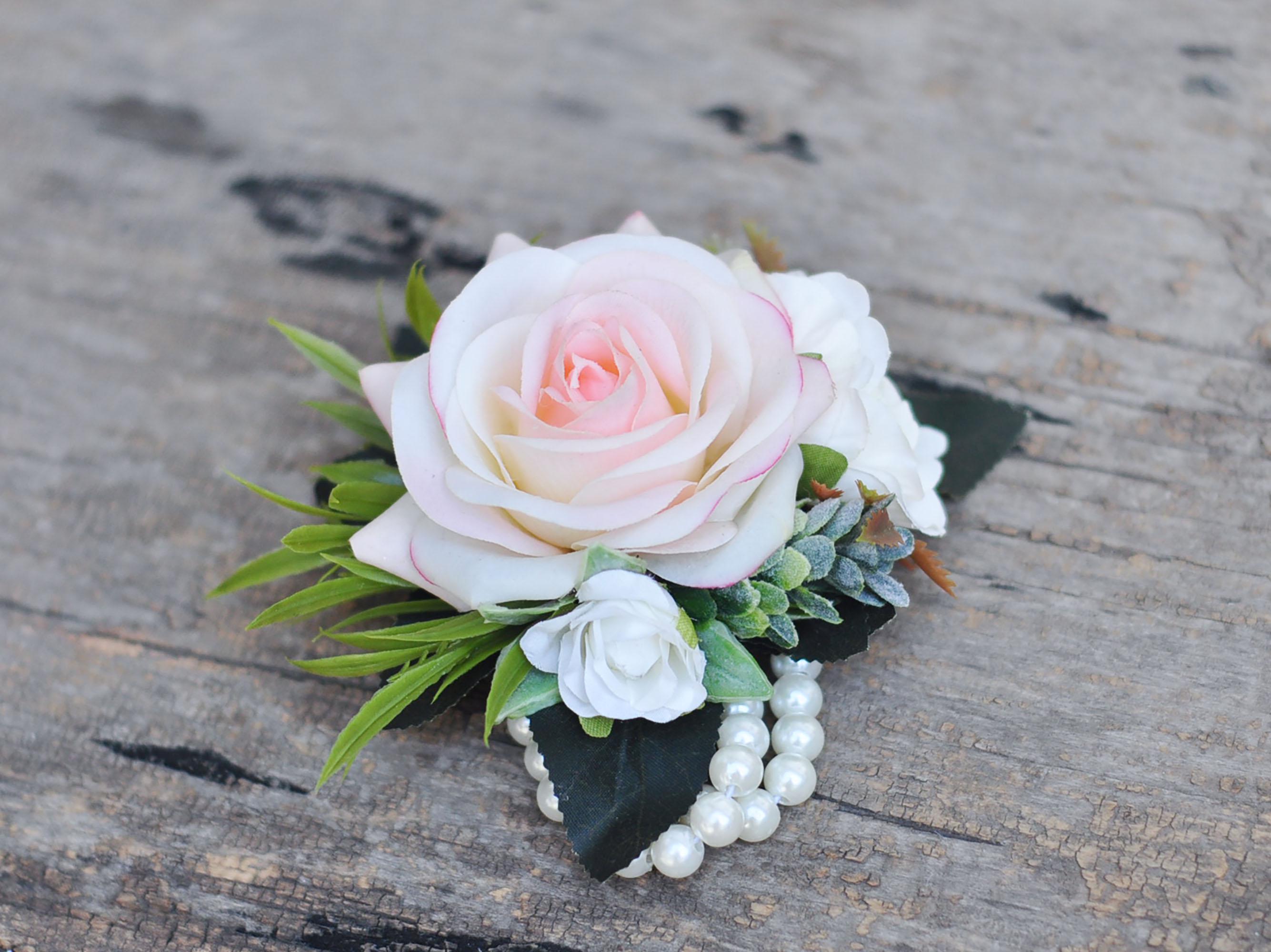 Rustic Real Touch Champagne Pink Rose Wrist Corsage, Real Touch Pearl Bracelet Mom, Boho Wedding Gift For Her, Anniversary Gift, Party Event