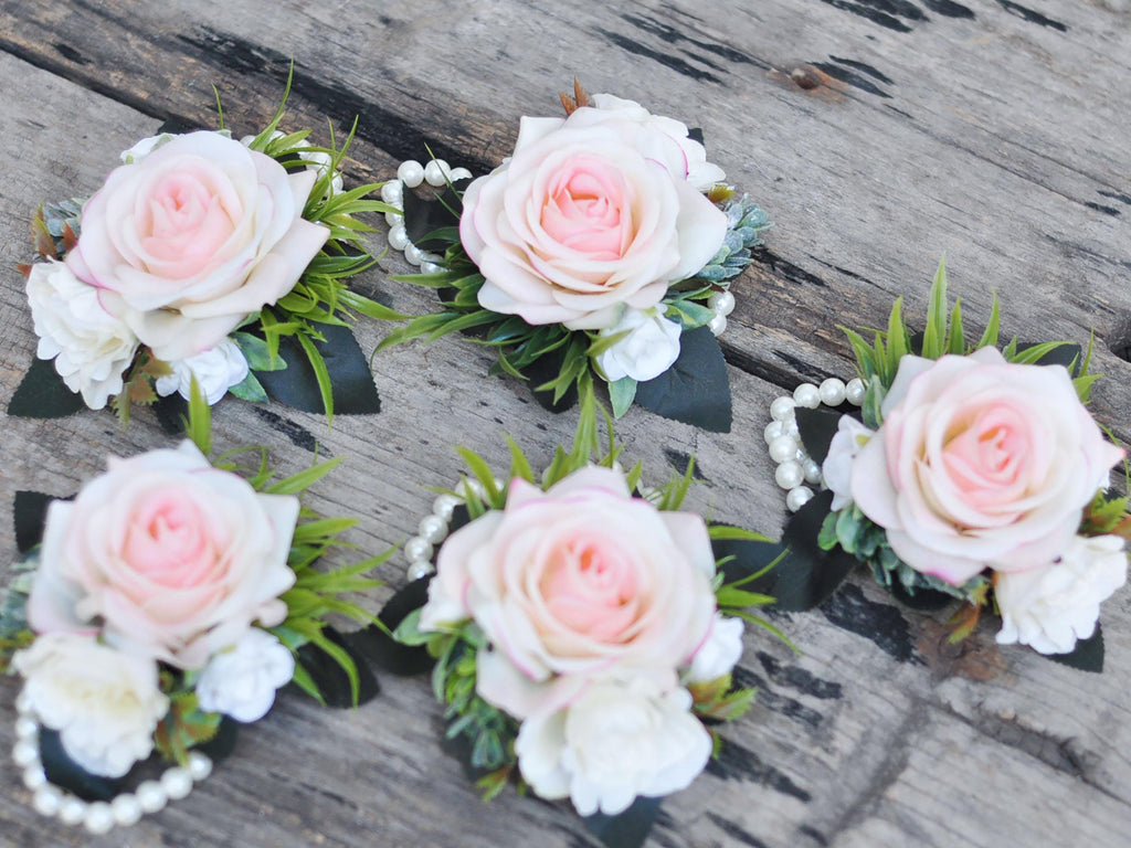 Rustic Real Touch Champagne Pink Rose Wrist Corsage, Real Touch Pearl Bracelet Mom, Boho Wedding Gift For Her, Anniversary Gift, Party Event