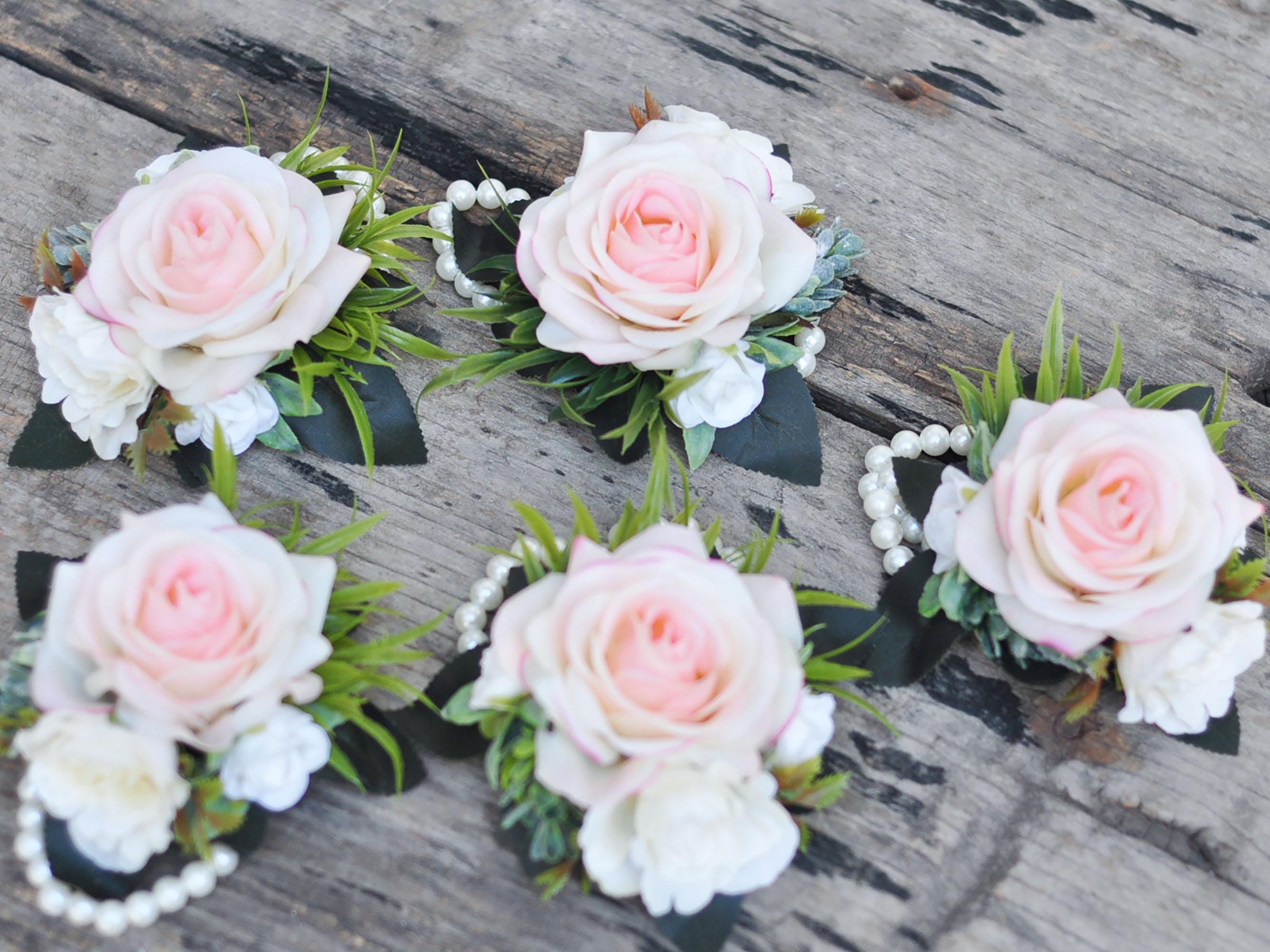 Rustic Real Touch Champagne Pink Rose Wrist Corsage, Real Touch Pearl Bracelet Mom, Boho Wedding Gift For Her, Anniversary Gift, Party Event