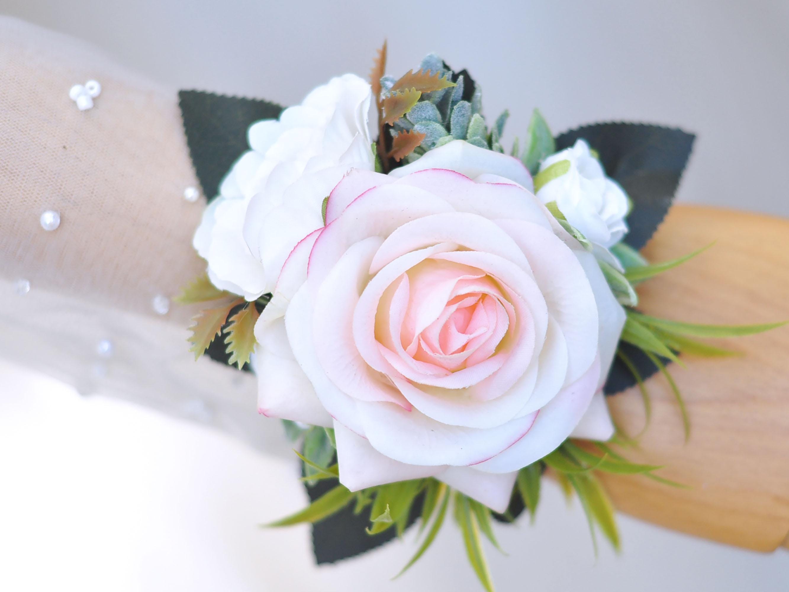 Rustic Real Touch Champagne Pink Rose Wrist Corsage, Real Touch Pearl Bracelet Mom, Boho Wedding Gift For Her, Anniversary Gift, Party Event
