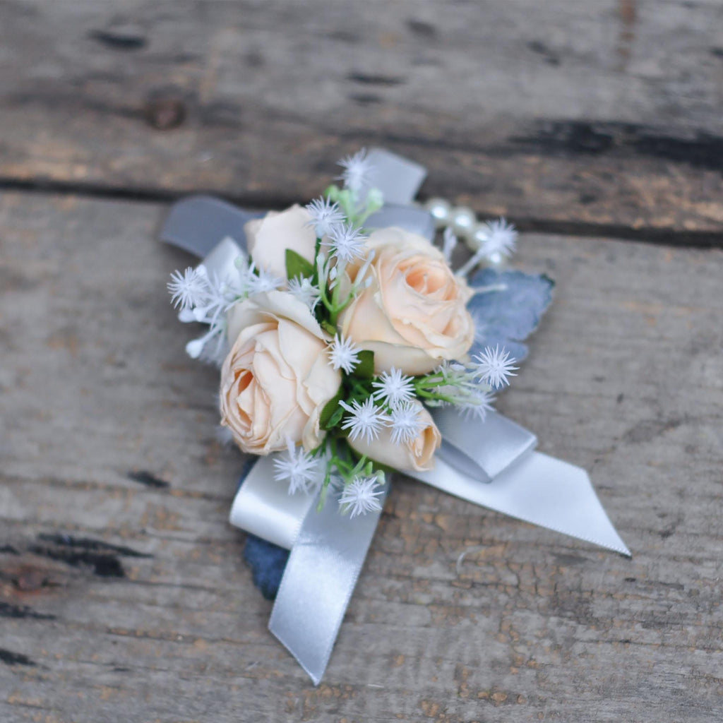 Wrist Champagne Rose Pearl Bracelet Corsage, Burnt Champagne Rose Boutonniere, Boho Wedding, Choose Ribbon, Gift for Her, Mom Corsage