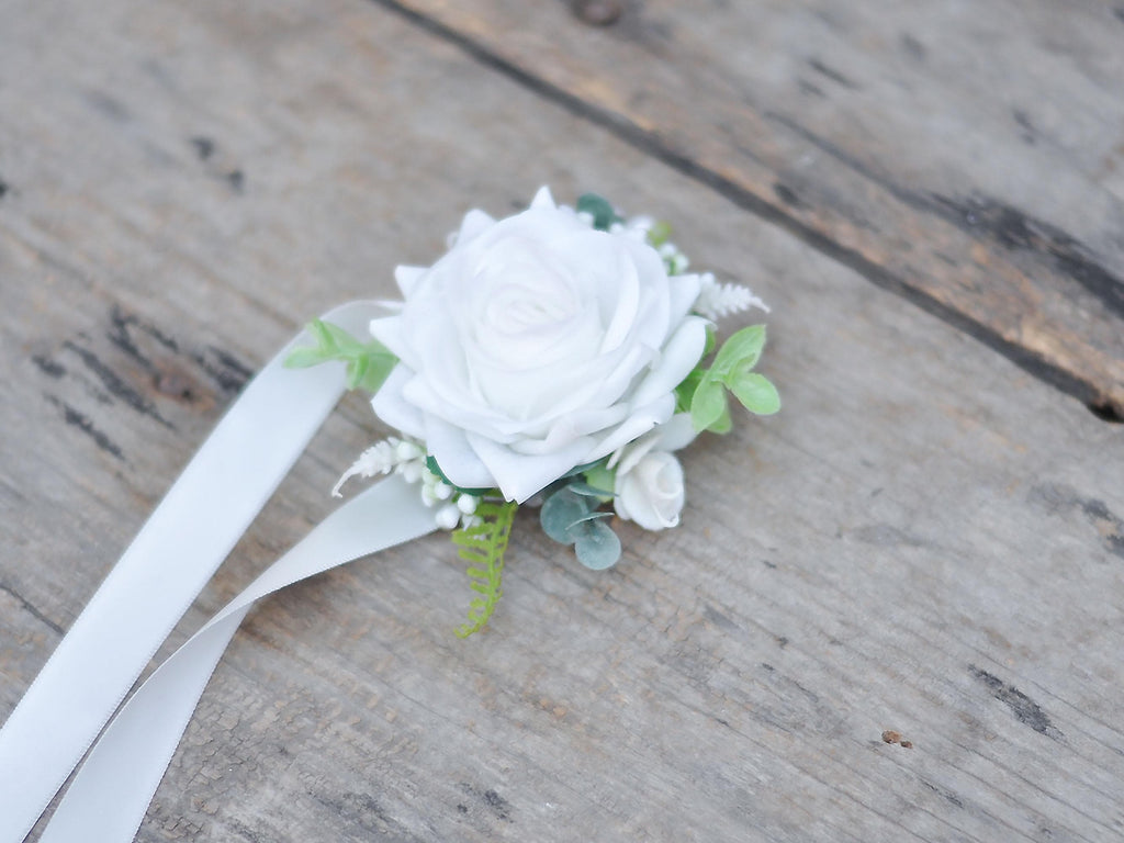 White Rose Pearl Wrist Bracelet, Real Touch Ribbon Corsage, Bridesmaid Gift for Her, Mom, Wedding Bridal Accessories, Best Man Boutonniere