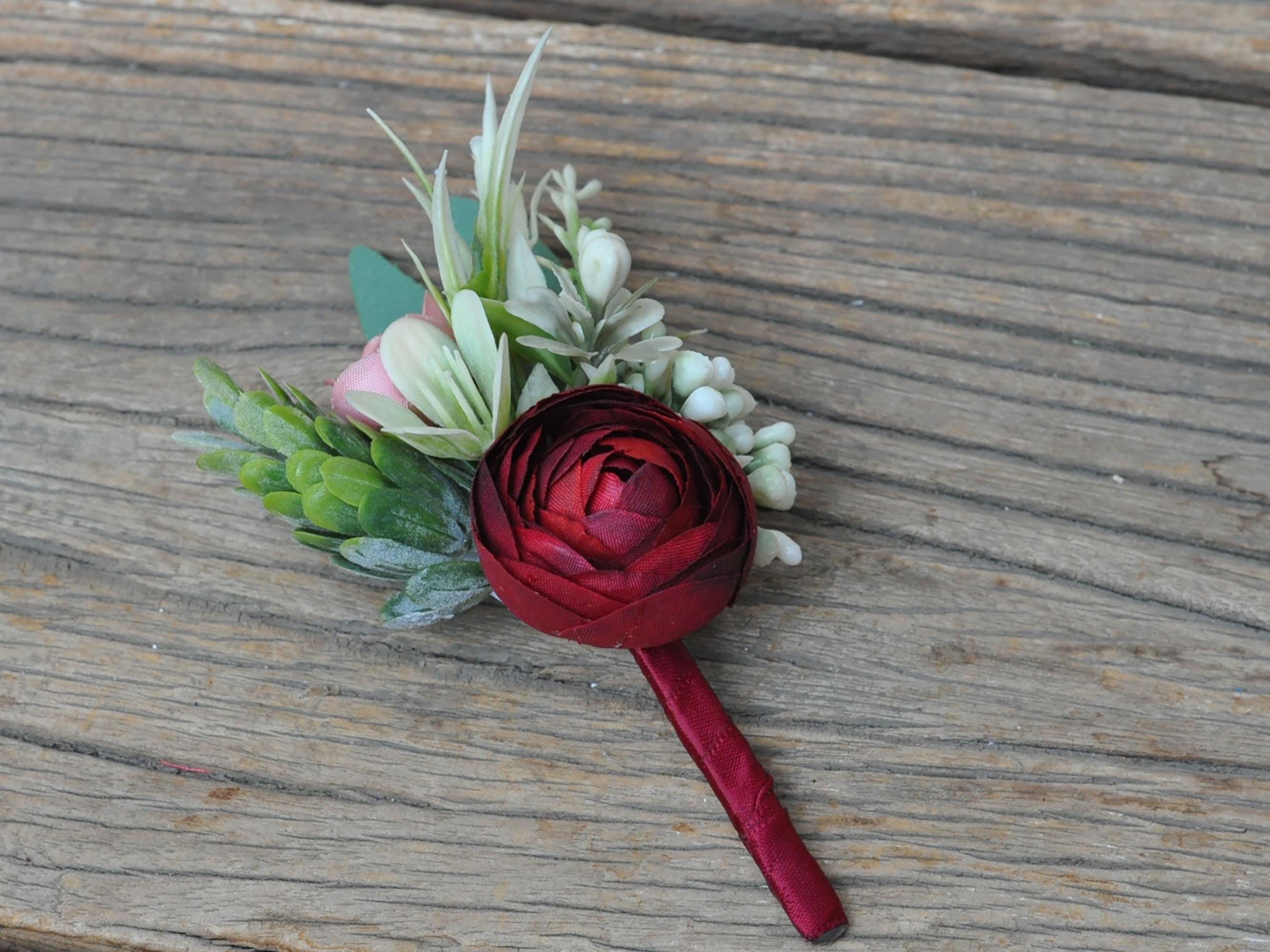 White Rose Pearl Bracelet - Wrist Corsage Prom Gift for Her, Bridesmaid Gift, Burgundy Ribbon Tie Swag, Bridal Accessories, Boutonniere Gift