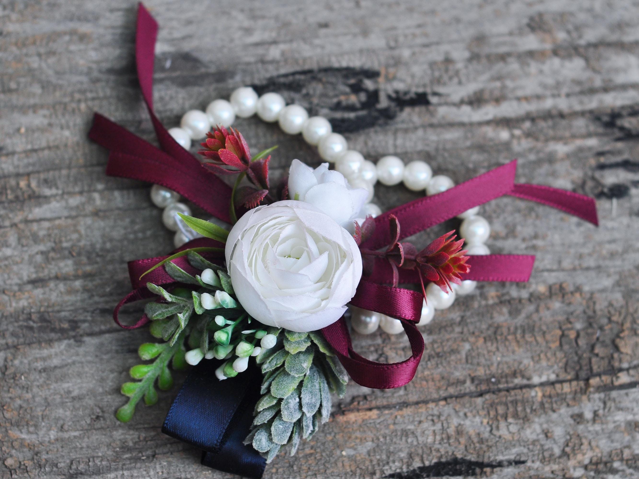 White Rose Pearl Bracelet - Wrist Corsage Prom Gift for Her, Bridesmaid Gift, Burgundy Ribbon Tie Swag, Bridal Accessories, Boutonniere Gift