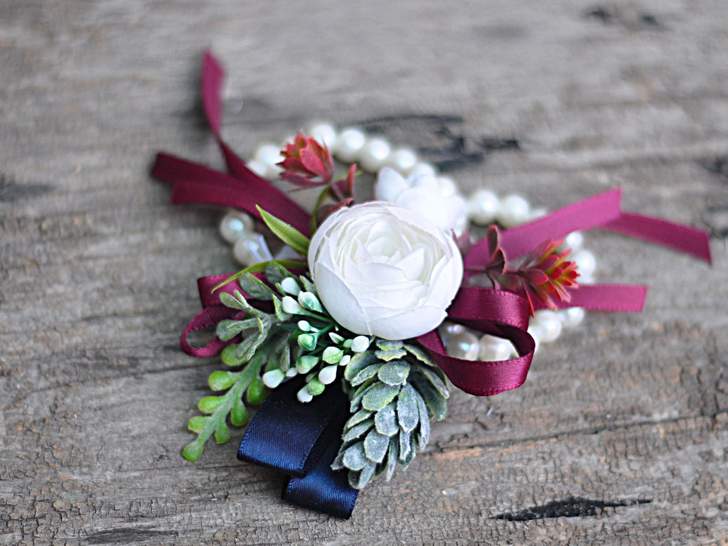 White Rose Pearl Bracelet - Wrist Corsage Prom Gift for Her, Bridesmaid Gift, Burgundy Ribbon Tie Swag, Bridal Accessories, Boutonniere Gift