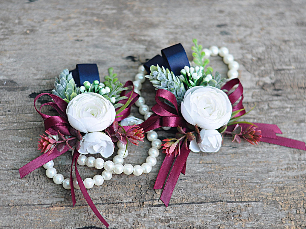 White Rose Pearl Bracelet - Wrist Corsage Prom Gift for Her, Bridesmaid Gift, Burgundy Ribbon Tie Swag, Bridal Accessories, Boutonniere Gift