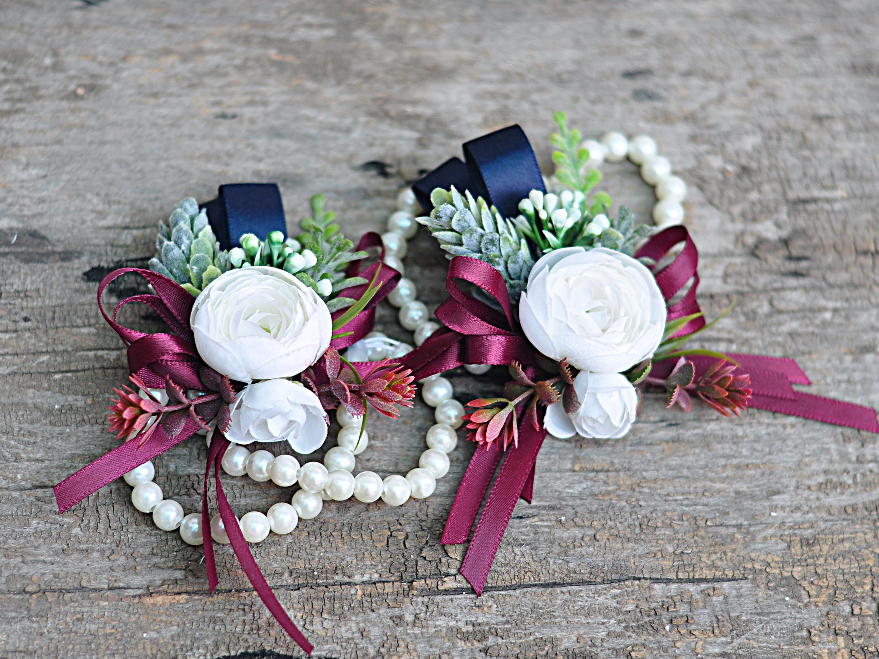 White Rose Pearl Bracelet - Wrist Corsage Prom Gift for Her, Bridesmaid Gift, Burgundy Ribbon Tie Swag, Bridal Accessories, Boutonniere Gift