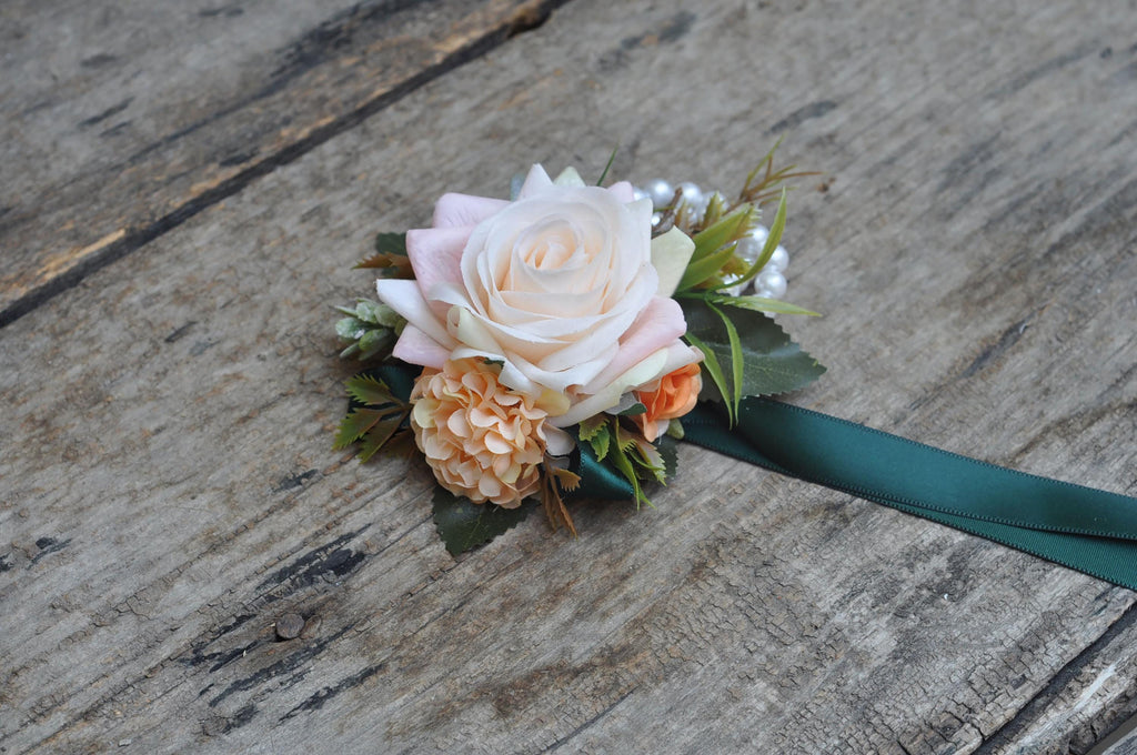 Real Touch Champagne Pink Rose Wrist Corsage, Real Touch Flower, Pearl Bracelet Corsage, Customized Ribbon for Wedding, Party, Anniversary