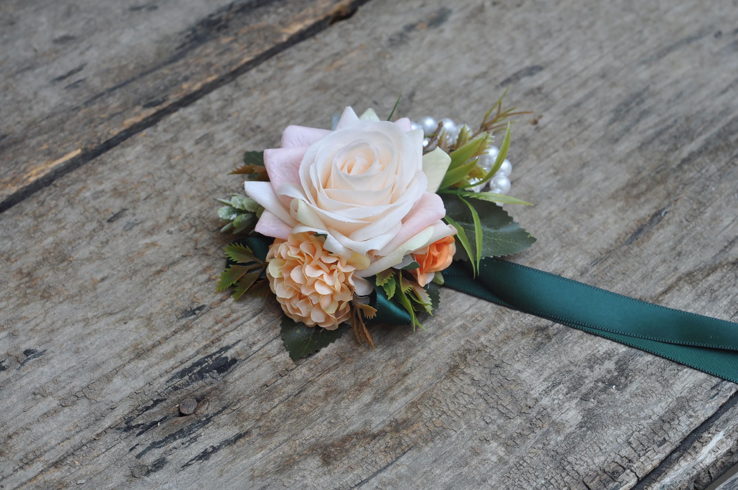 Real Touch Champagne Pink Rose Wrist Corsage, Real Touch Flower, Pearl Bracelet Corsage, Customized Ribbon for Wedding, Party, Anniversary
