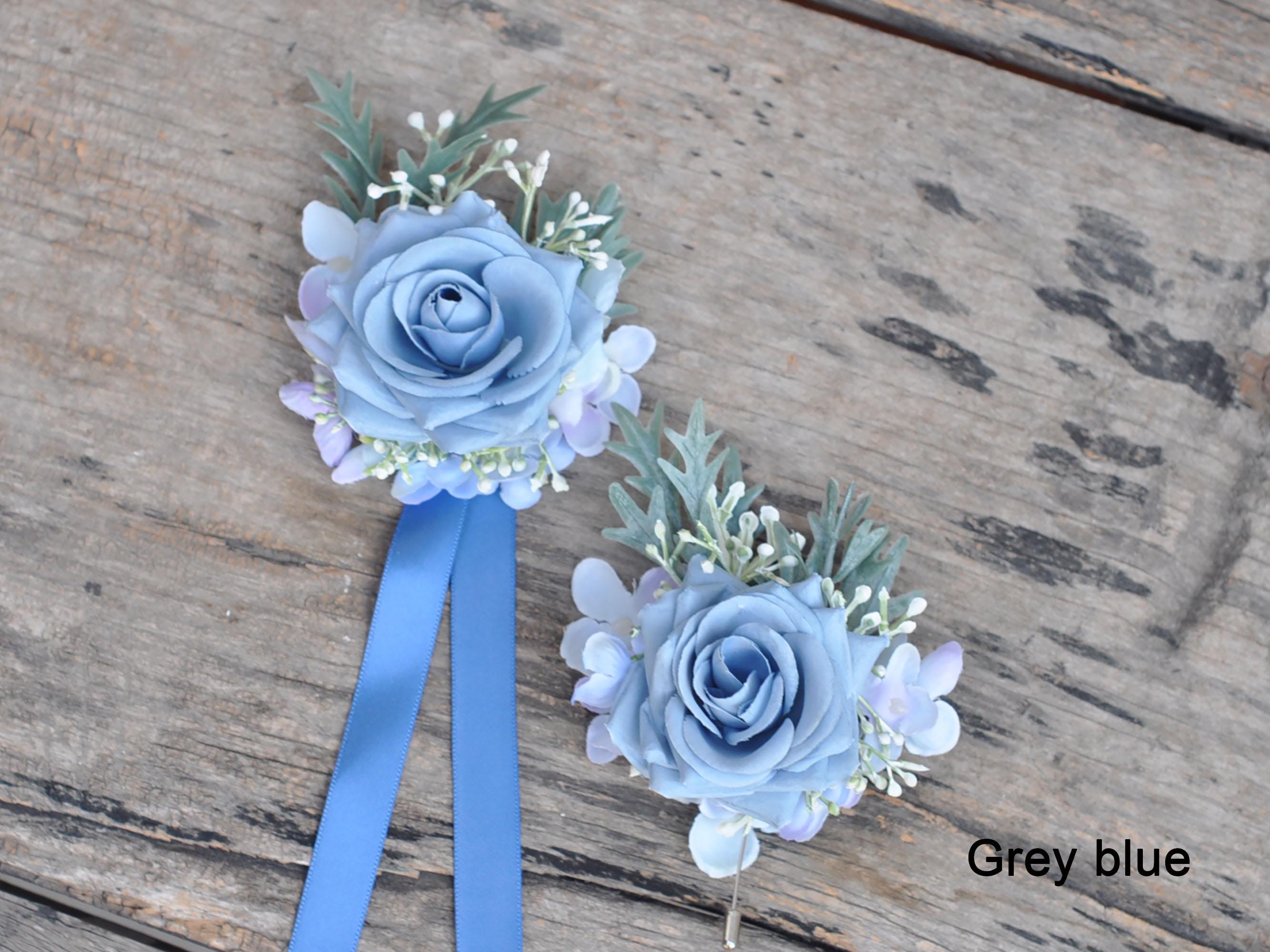 Multi-Color Rose Ribbon Corsage, Silk Blush White, Grey Blue Rose Flower Boutonniere Anniversary, Customized Ribbon Theme for Wedding, Party