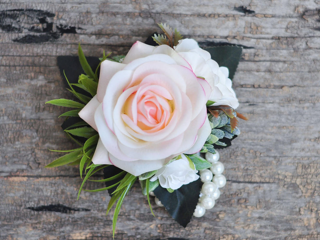 Rustic Real Touch Champagne Pink Rose Wrist Corsage, Real Touch Pearl Bracelet Mom, Boho Wedding Gift For Her, Anniversary Gift, Party Event