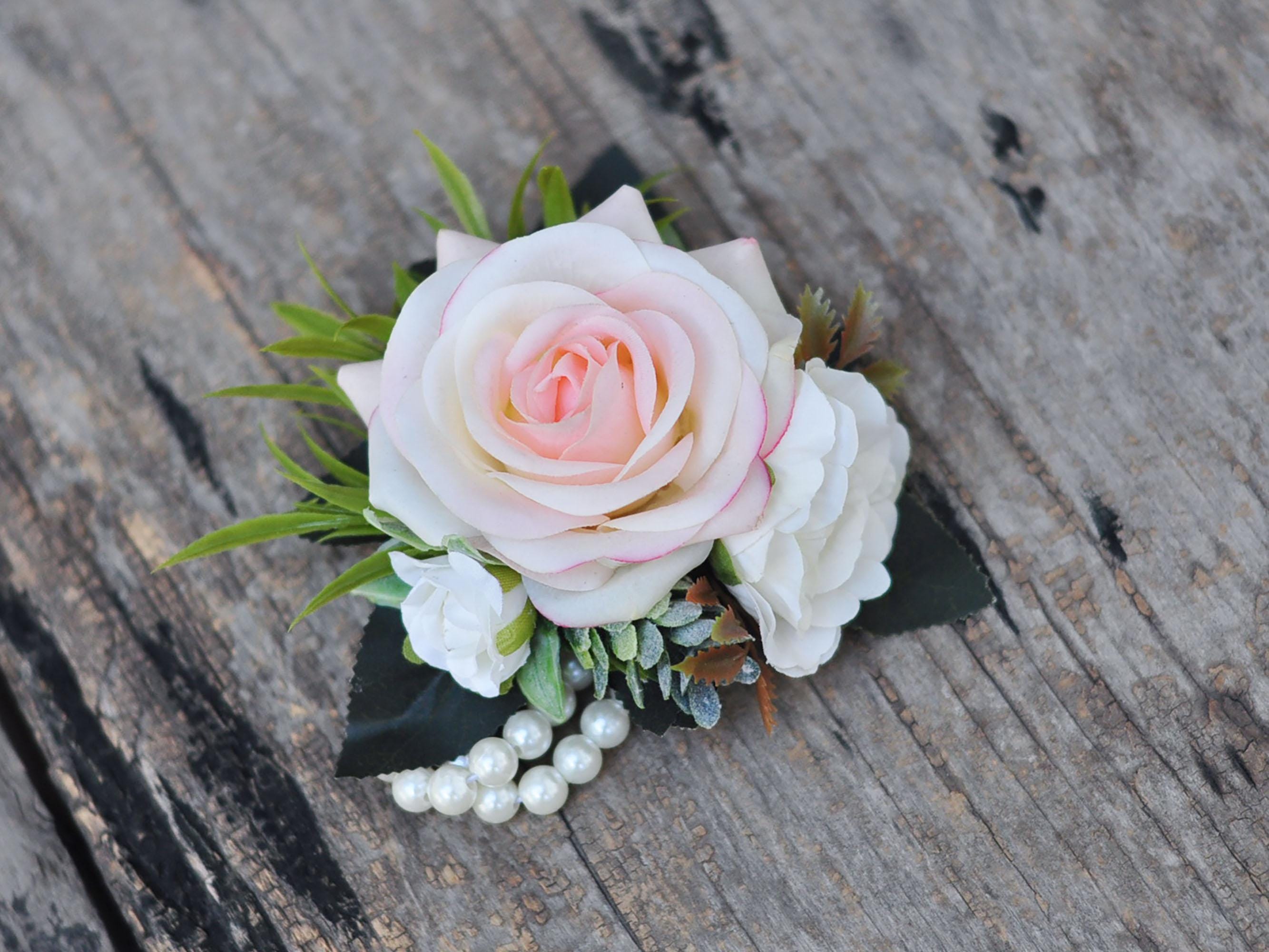Rustic Real Touch Champagne Pink Rose Wrist Corsage, Real Touch Pearl Bracelet Mom, Boho Wedding Gift For Her, Anniversary Gift, Party Event