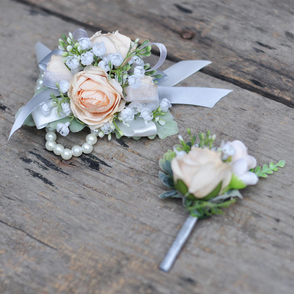 Wrist Champagne Rose Pearl Bracelet Corsage, Burnt Champagne Rose Boutonniere, Boho Wedding, Choose Ribbon, Gift for Her, Mom Corsage