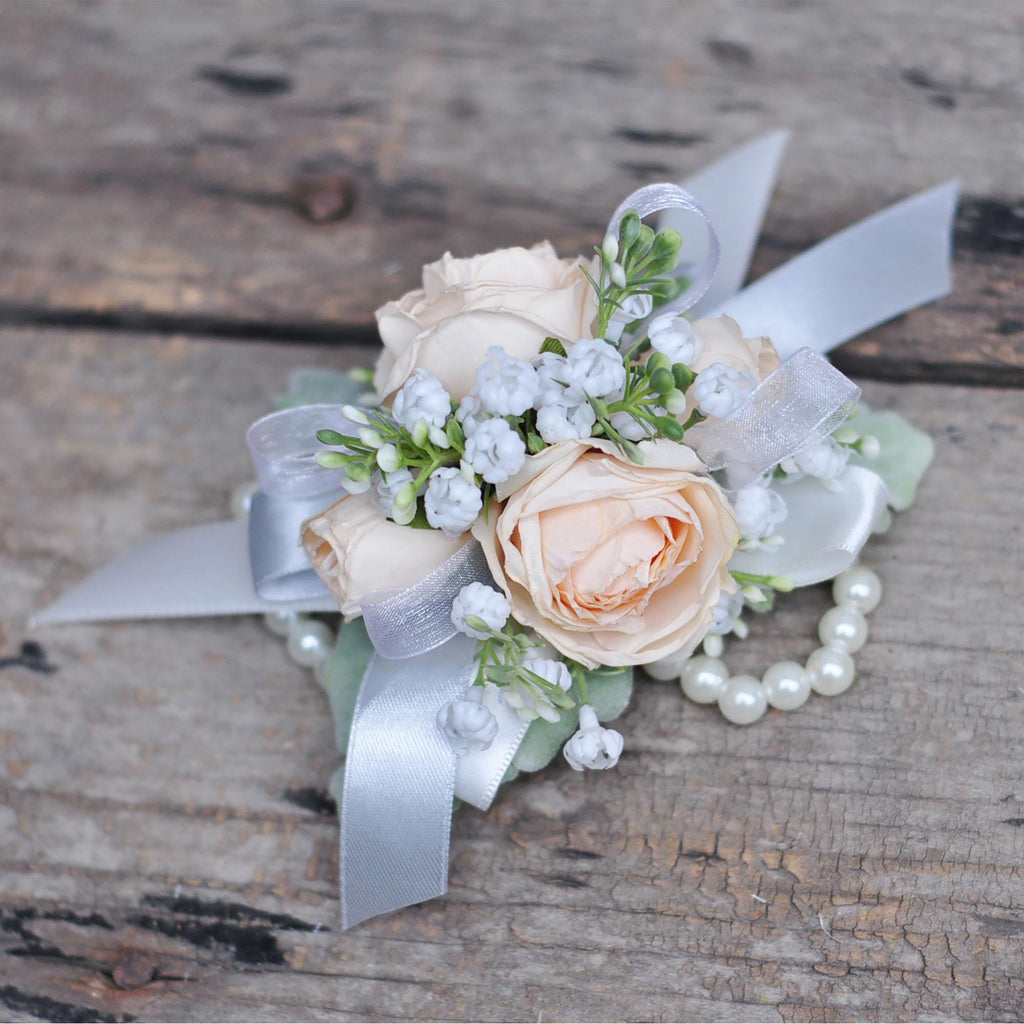 Wrist Champagne Rose Pearl Bracelet Corsage, Burnt Champagne Rose Boutonniere, Boho Wedding, Choose Ribbon, Gift for Her, Mom Corsage