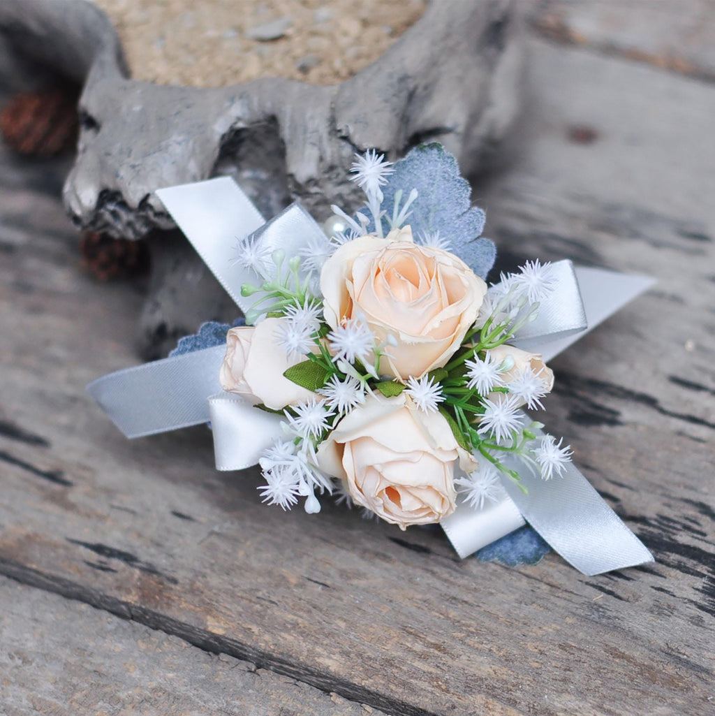 Wrist Champagne Rose Pearl Bracelet Corsage, Burnt Champagne Rose Boutonniere, Boho Wedding, Choose Ribbon, Gift for Her, Mom Corsage