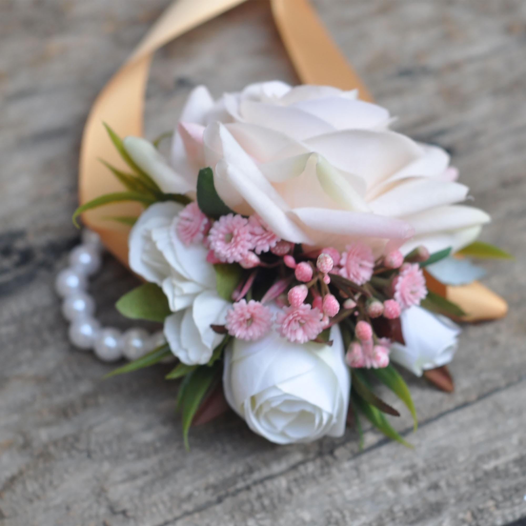 Personalized Champagne Pink Rose Pearl Bracelet Wrist Corsage, Bridesmaid Gift for Her, Mom, Bridal Accessories, Best Man Boutonniere Prom