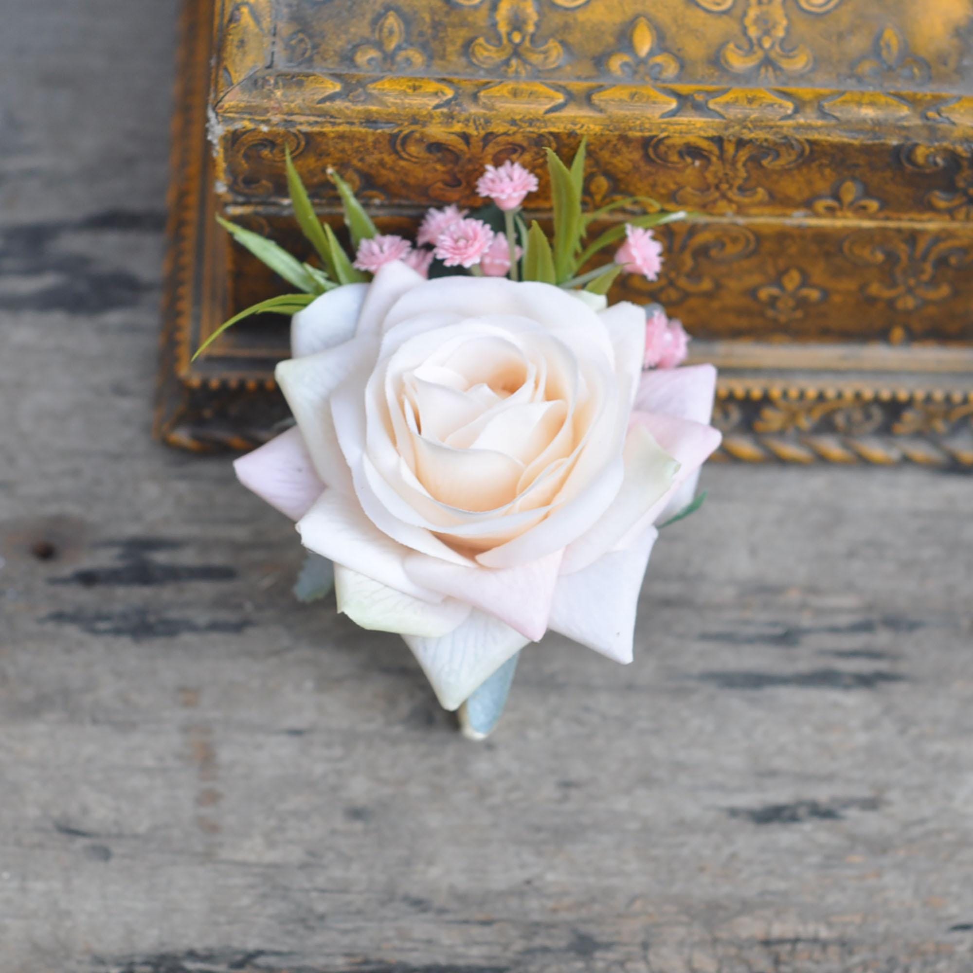 Personalized Champagne Pink Rose Pearl Bracelet Wrist Corsage, Bridesmaid Gift for Her, Mom, Bridal Accessories, Best Man Boutonniere Prom