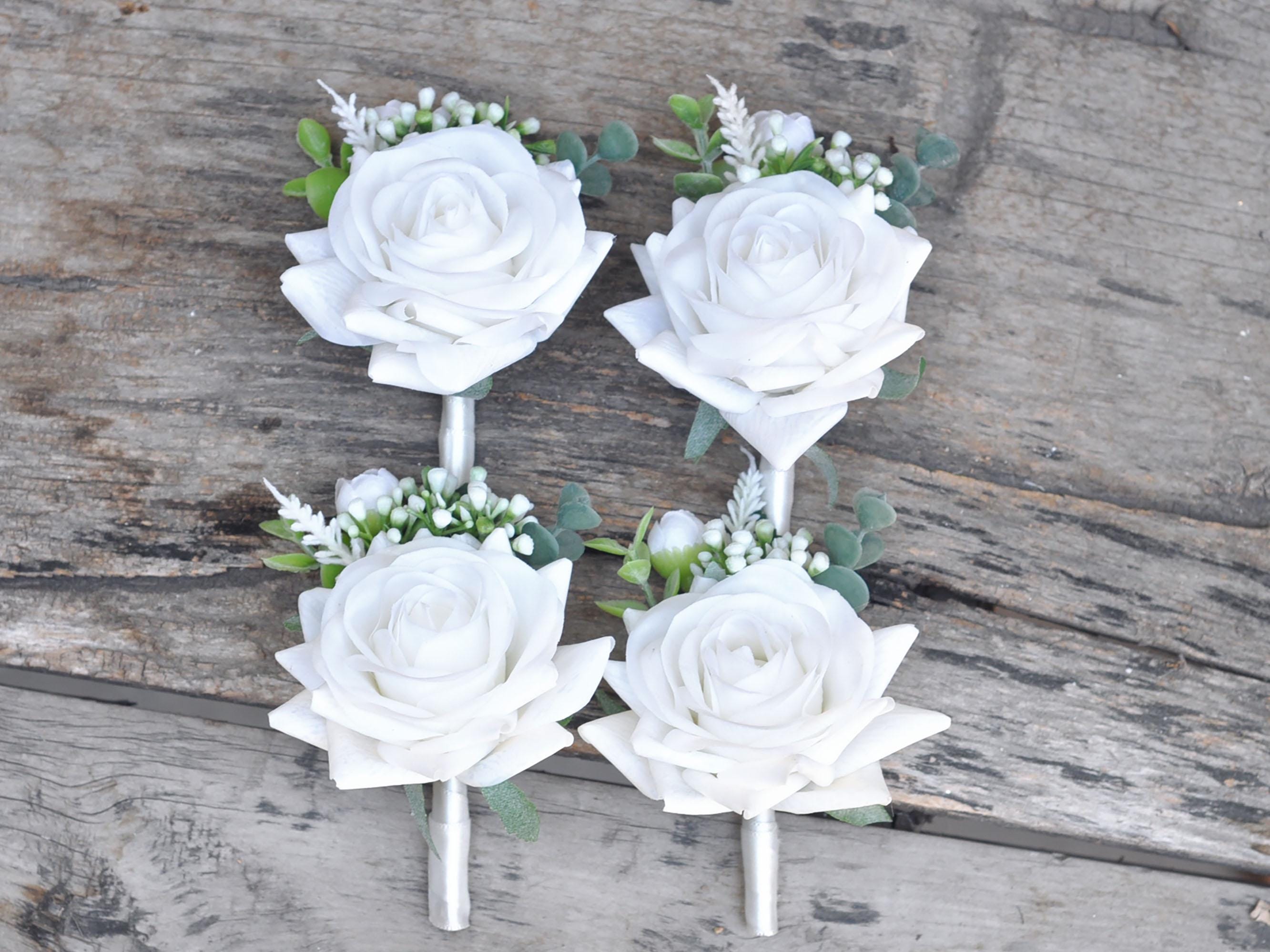 White Rose Pearl Wrist Bracelet, Real Touch Ribbon Corsage, Bridesmaid Gift for Her, Mom, Wedding Bridal Accessories, Best Man Boutonniere