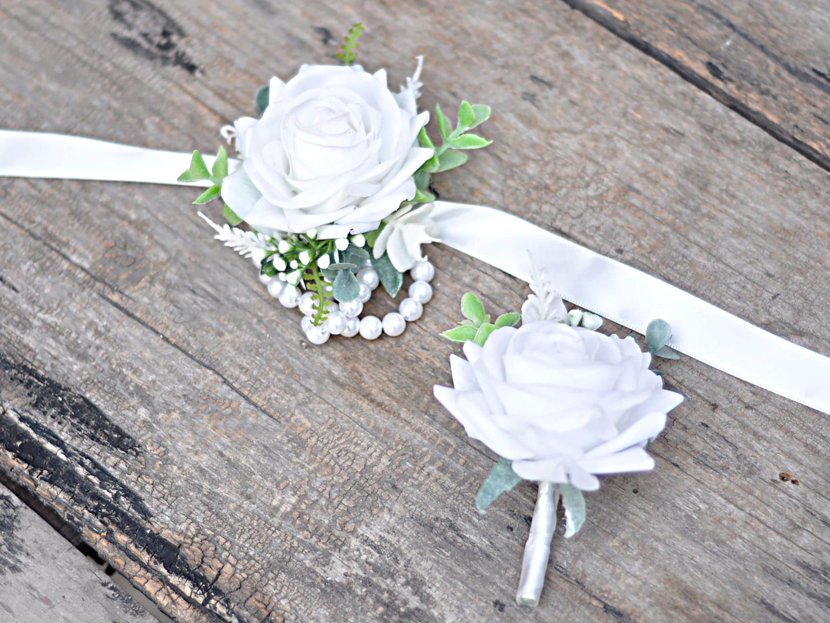 White Rose Pearl Wrist Bracelet, Real Touch Ribbon Corsage, Bridesmaid Gift for Her, Mom, Wedding Bridal Accessories, Best Man Boutonniere