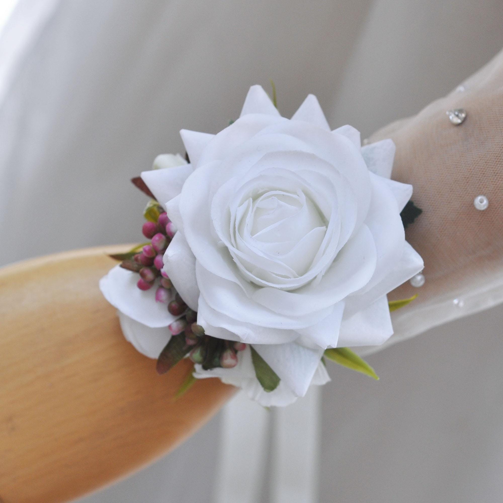 Real Touch White Rose Pearl Bracelet, Mom Wrist Corsage Bridesmaid Gift for Her, Prom, Elegant White Wedding Bridal Accessories, Boutonniere