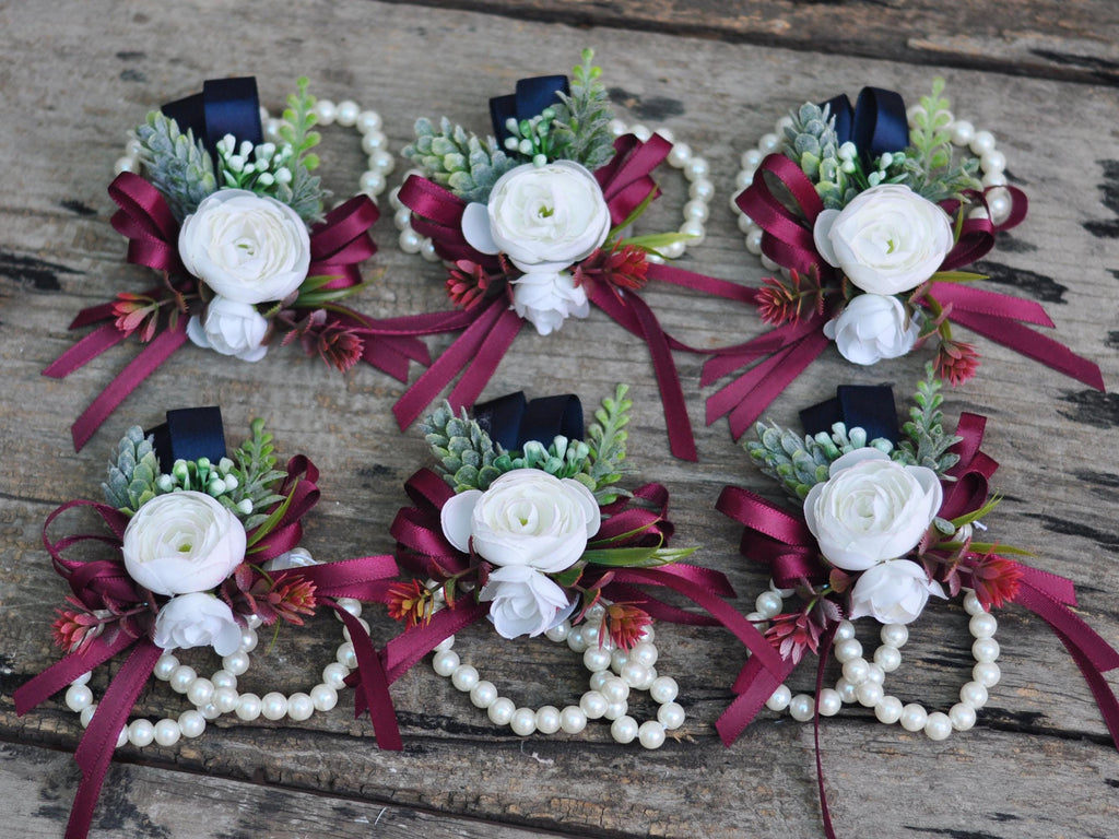 White Rose Pearl Bracelet - Wrist Corsage Prom Gift for Her, Bridesmaid Gift, Burgundy Ribbon Tie Swag, Bridal Accessories, Boutonniere Gift