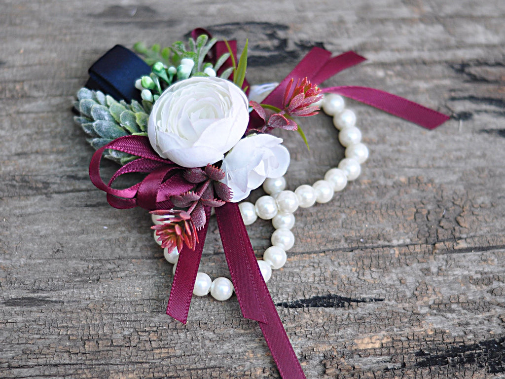 White Rose Pearl Bracelet - Wrist Corsage Prom Gift for Her, Bridesmaid Gift, Burgundy Ribbon Tie Swag, Bridal Accessories, Boutonniere Gift