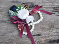White Rose Pearl Bracelet - Wrist Corsage Prom Gift for Her, Bridesmaid Gift, Burgundy Ribbon Tie Swag, Bridal Accessories, Boutonniere Gift