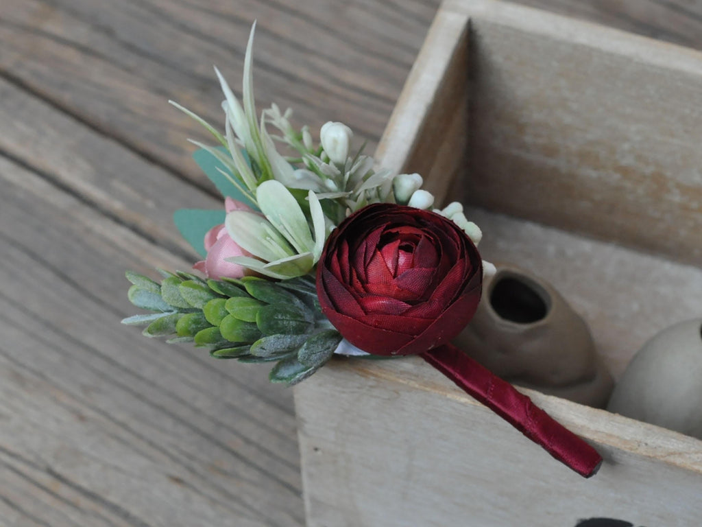 White Rose Pearl Bracelet - Wrist Corsage Prom Gift for Her, Bridesmaid Gift, Burgundy Ribbon Tie Swag, Bridal Accessories, Boutonniere Gift