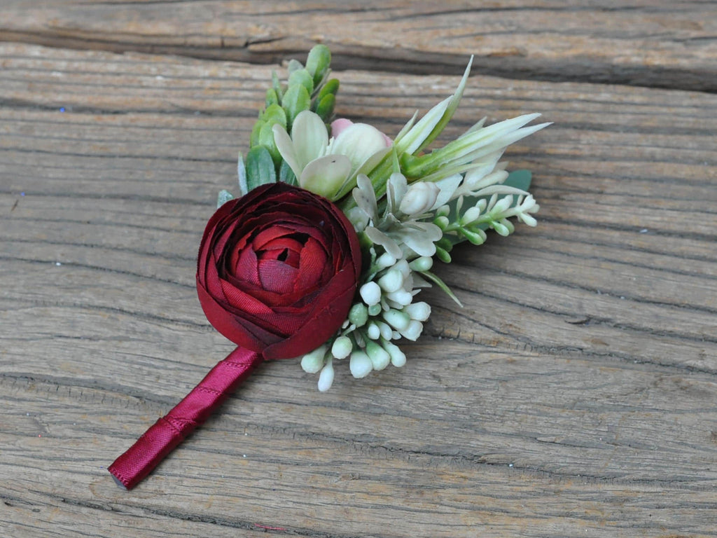 White Rose Pearl Bracelet - Wrist Corsage Prom Gift for Her, Bridesmaid Gift, Burgundy Ribbon Tie Swag, Bridal Accessories, Boutonniere Gift
