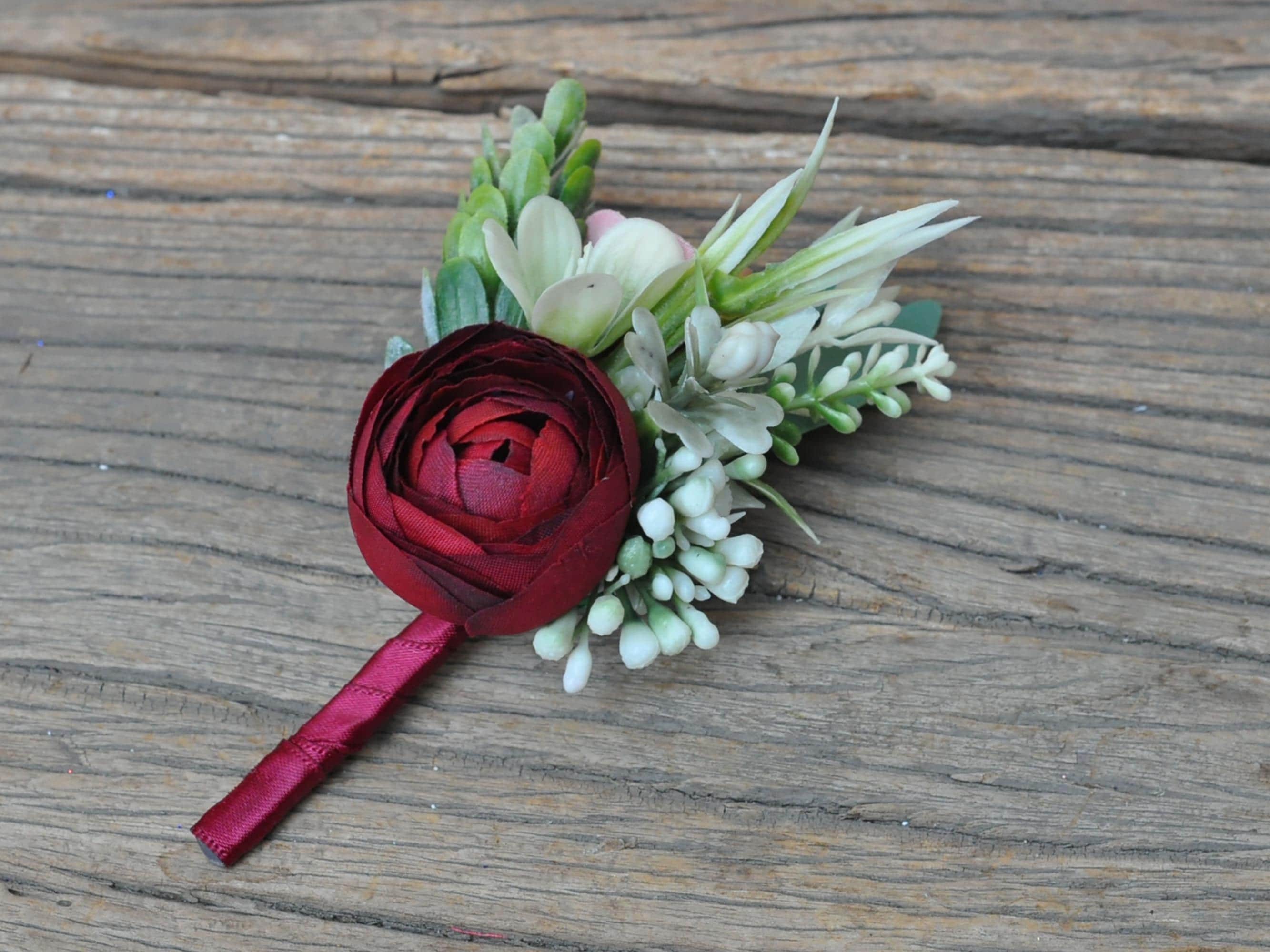 White Rose Pearl Bracelet - Wrist Corsage Prom Gift for Her, Bridesmaid Gift, Burgundy Ribbon Tie Swag, Bridal Accessories, Boutonniere Gift