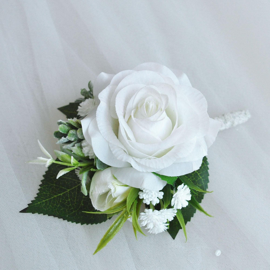 Real Touch White Rose Boutonniere Gift For Groom, Fathers, Groomsmen Gift, Wedding Pin Corsage, Dusty Pink Proposal Lace Prom Boutonniere