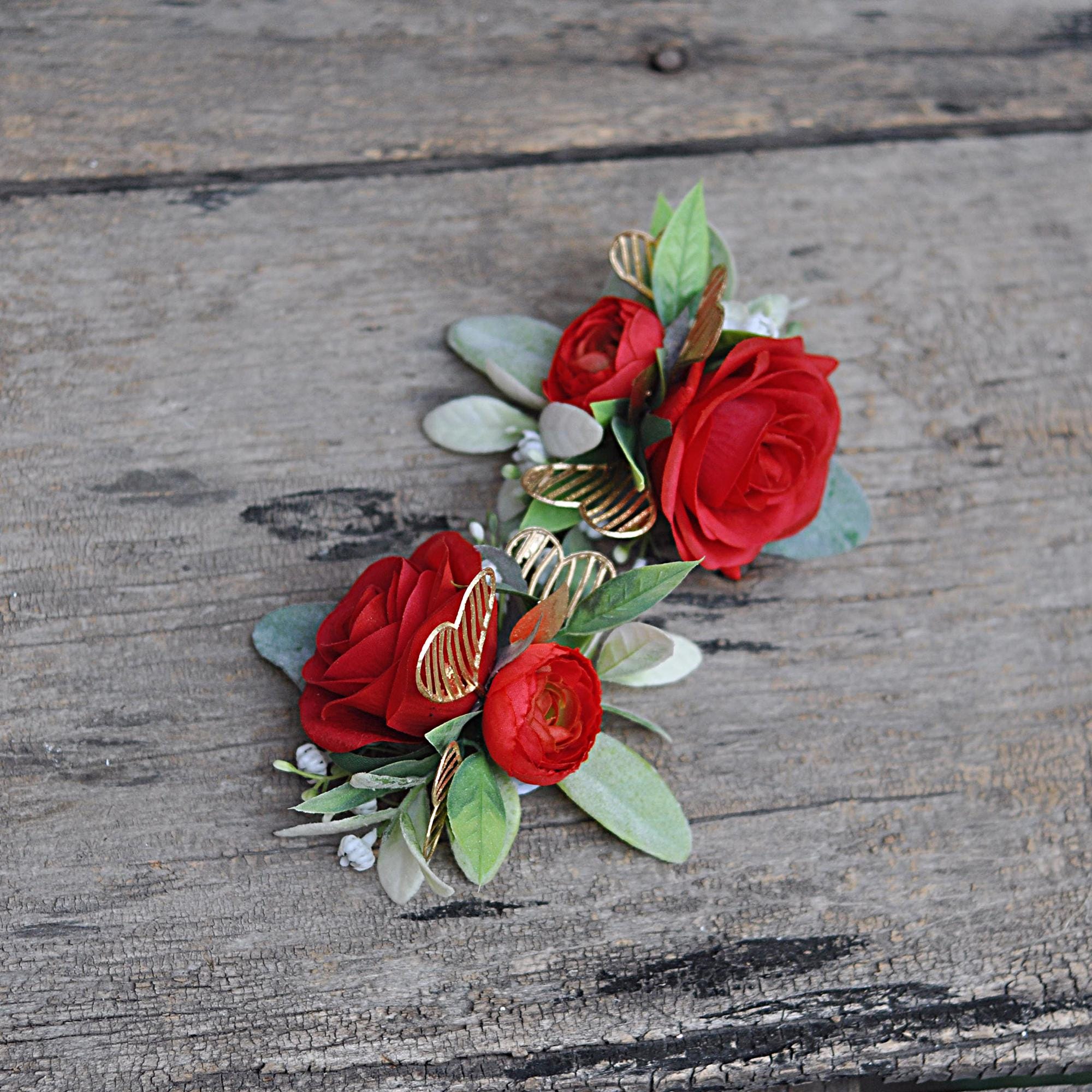 China Red Rose with heart Pearl Bracelet Wrist corsage gift for her Anniversary/Prom/Bridesmaid/Mom/Bridal accessories gift, cake topper