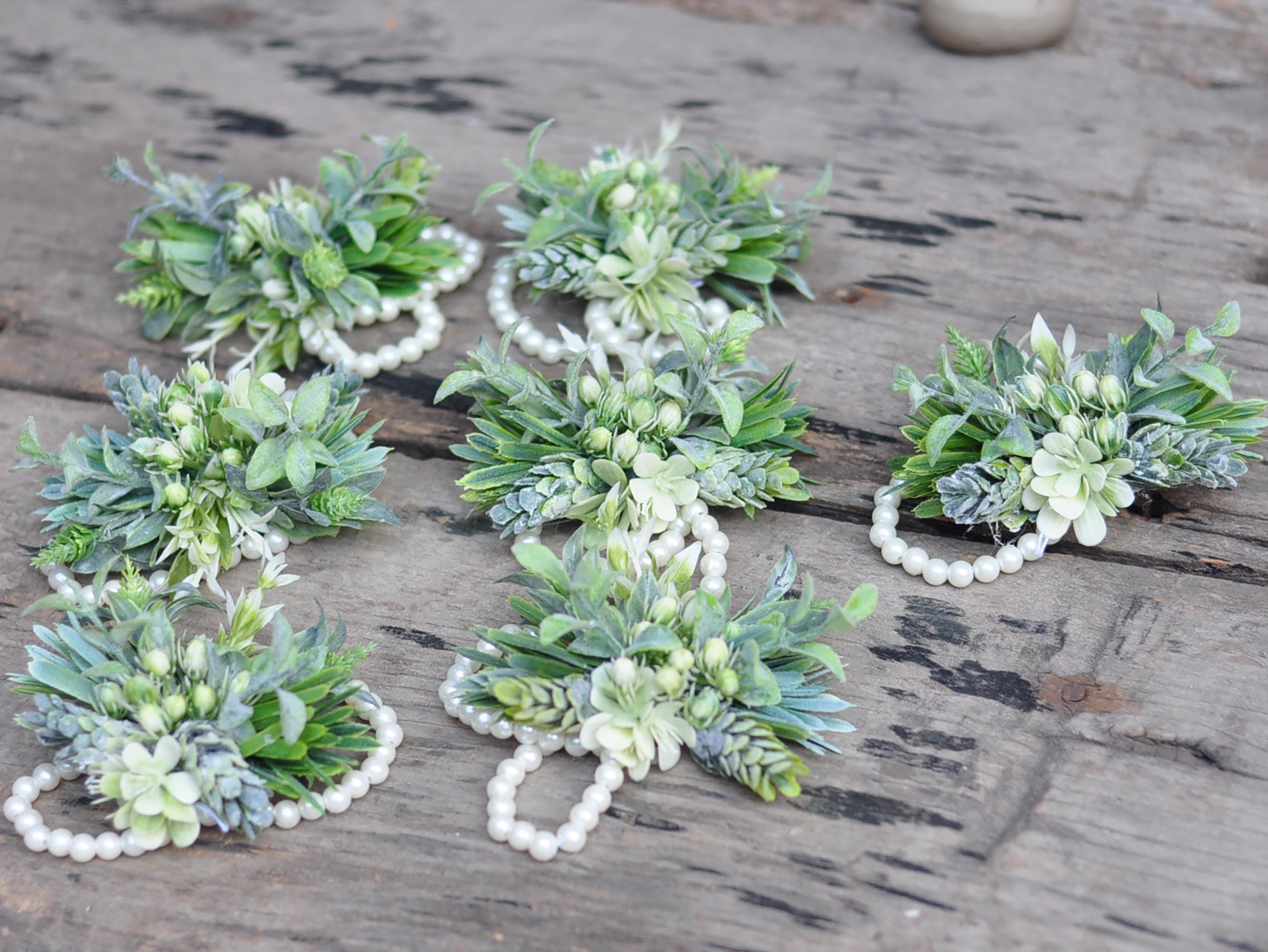 Dusty Green Wildflower Pearl Bracelet Wrist Corsage Gift for Rustic Wedding, Garden Farm Wedding, Prom, Bridesmaid Bridal Accessories Gift