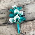 Solid Teal Calla Lily Cascade Bouquet, White Teal Picasso Wedding Bouquet, Choose Ribbon Boho Teal Bridal Bouquet, Rustic Teal Calla Lily