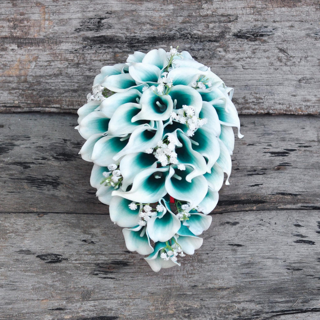 Solid Teal Calla Lily Cascade Bouquet, White Teal Picasso Wedding Bouquet, Choose Ribbon Boho Teal Bridal Bouquet, Rustic Teal Calla Lily