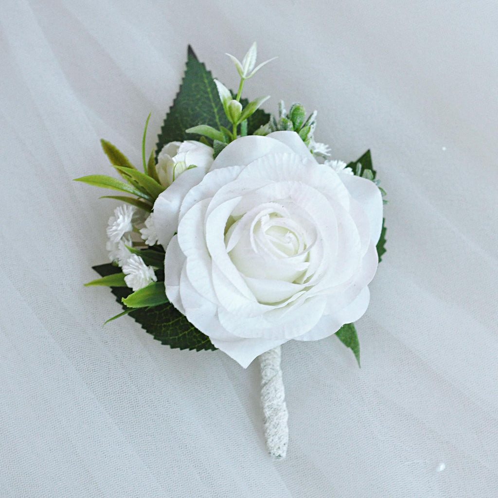 Real Touch White Rose Boutonniere Gift For Groom, Fathers, Groomsmen Gift, Wedding Pin Corsage, Dusty Pink Proposal Lace Prom Boutonniere