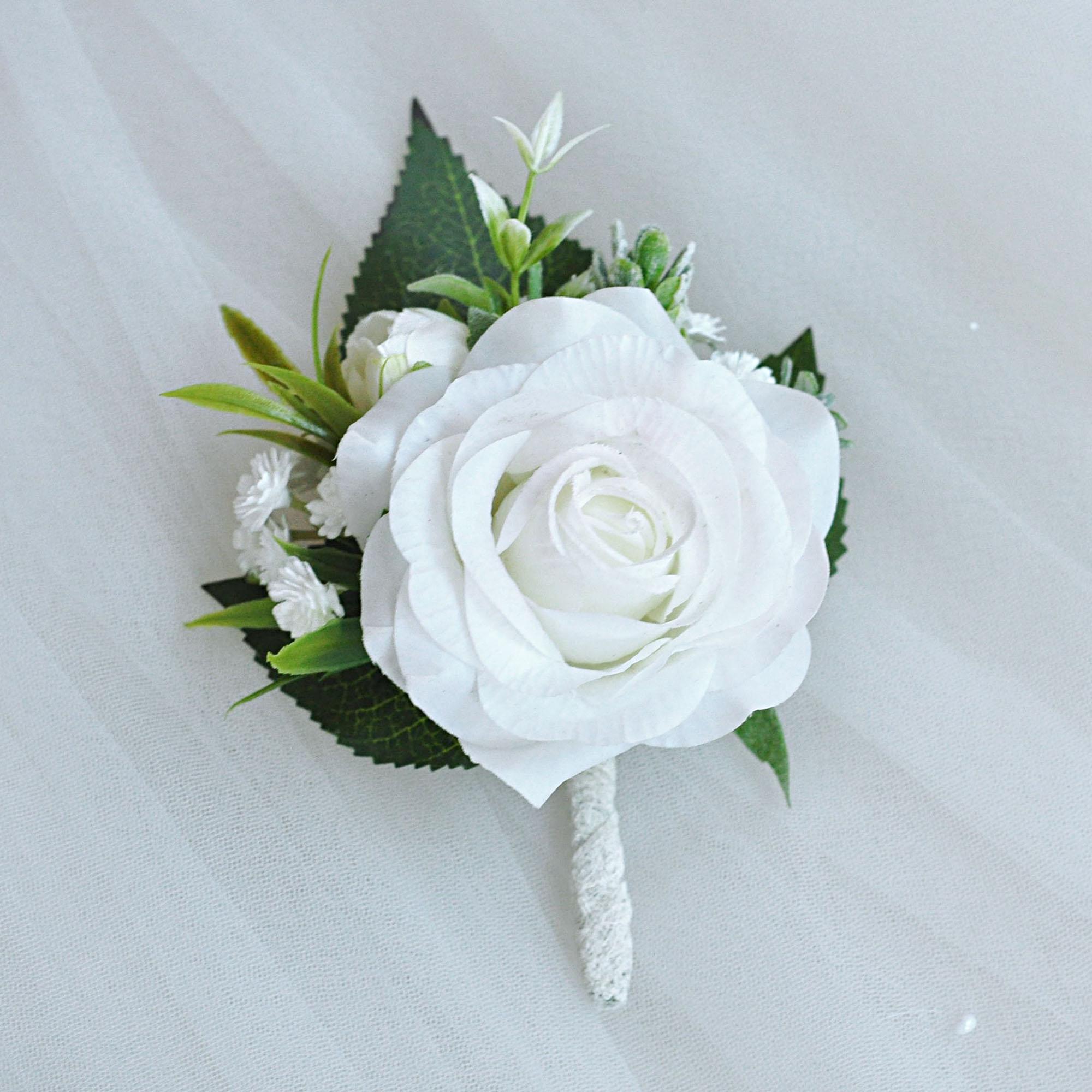 Real Touch White Rose Boutonniere Gift For Groom, Fathers, Groomsmen Gift, Wedding Pin Corsage, Dusty Pink Proposal Lace Prom Boutonniere