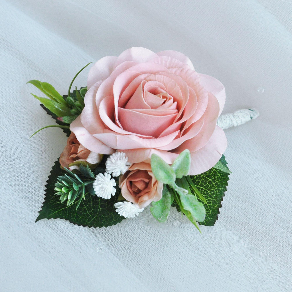 Real Touch White Rose Boutonniere Gift For Groom, Fathers, Groomsmen Gift, Wedding Pin Corsage, Dusty Pink Proposal Lace Prom Boutonniere