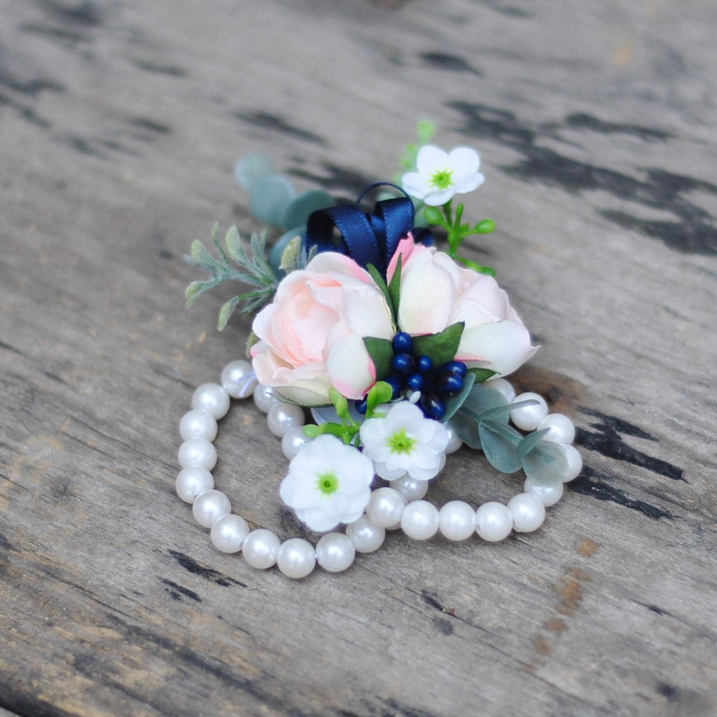 Rustic Champagne Pink Rose Pearl Bracelet, Navy Wrist Corsage Gift For Her Military Wedding, Mom, Bridesmaid Gift, Prom, Bridal Accessories